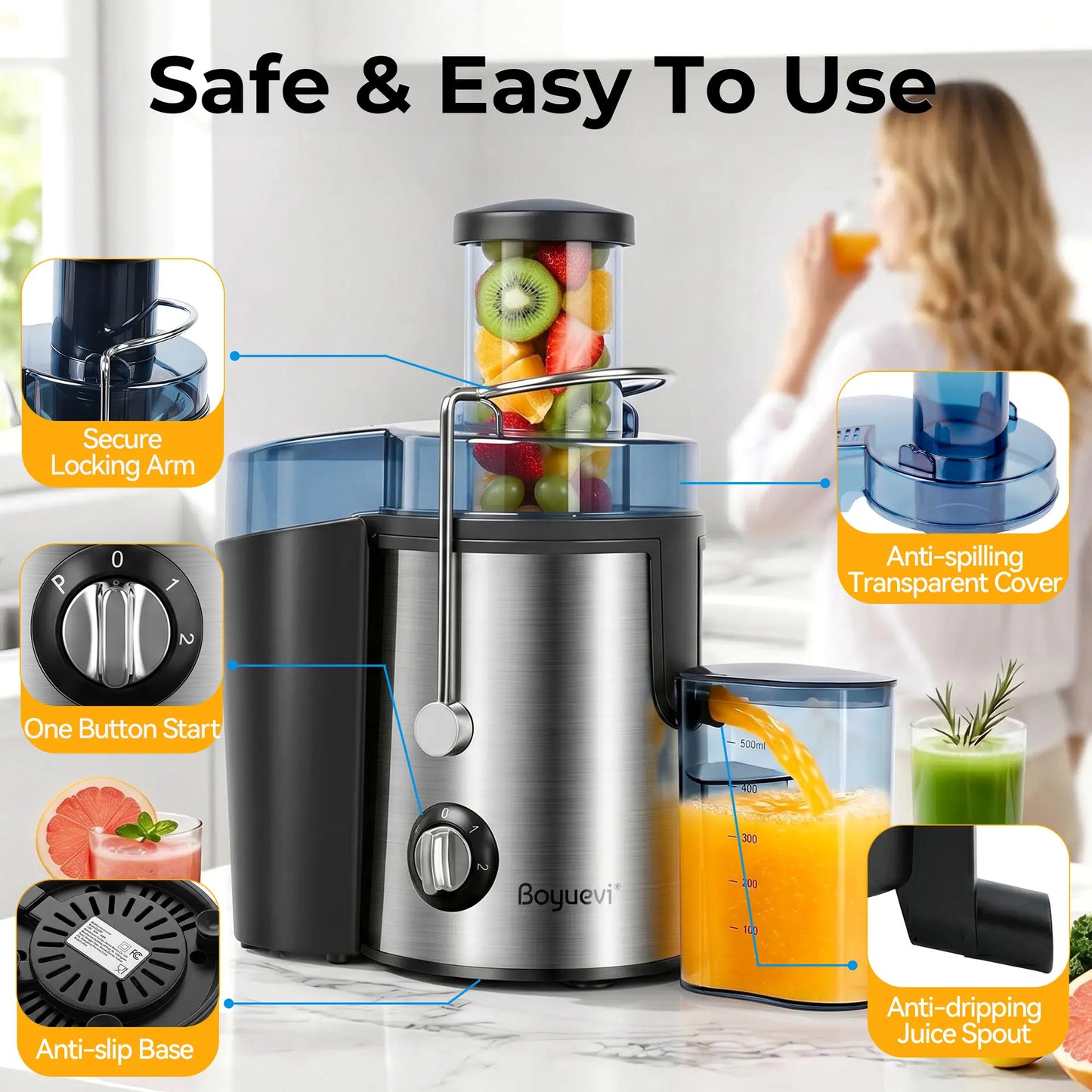 Boyuevi-3" Feed Chute for Whole Fruits and Veg ,800W Home Use Multi-Function Electric Juicer with , Centrifugal Juicer with 30 Oz. Juice Jug, Easy to Clean,Bpa-Free Blender Outdoorfun