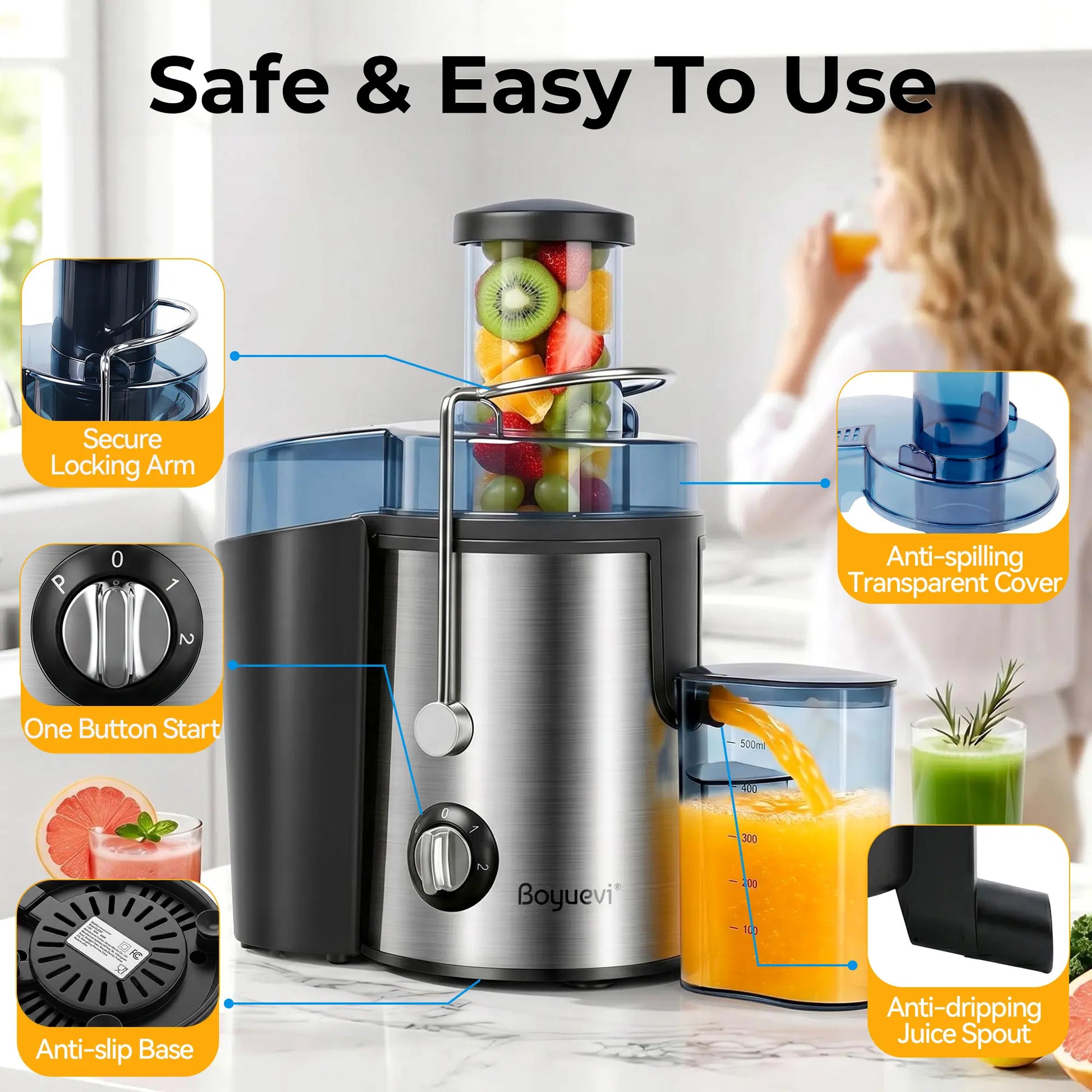 Boyuevi-3" Feed Chute for Whole Fruits and Veg ,800W Home Use Multi-Function Electric Juicer with , Centrifugal Juicer with 30 Oz. Juice Jug, Easy to Clean,Bpa-Free Blender Outdoorfun