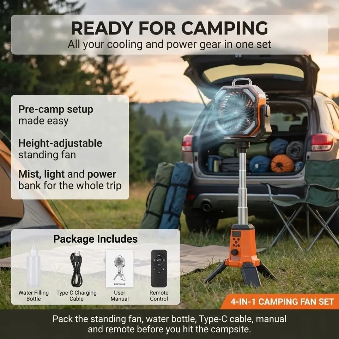 Taztir Solar Camping Fan with Tripod, 20000Mah Rechargeable Fan with LED Lights & 270° Pivot,4 in 1 Cordless Camping Fan, Remote Control Shaking Head Desk Fan for Camping Tent Travel Bedroom Portable Motor