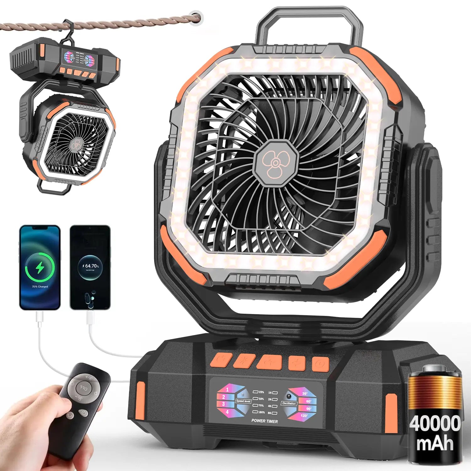 40000Mah Portable Camping Fan Battery Powered, Rechargeable Camping Fan with Remote & LED Light, 4 Speed Strong Airflow & Light for Desk/Outdoor/Tent/Camping/Fishing Usb