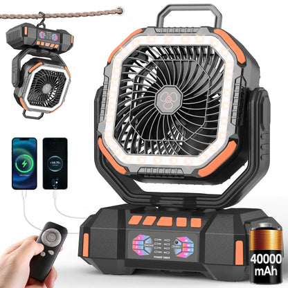 40000Mah Portable Camping Fan Battery Powered, Rechargeable Camping Fan with Remote & LED Light, 4 Speed Strong Airflow & Light for Desk/Outdoor/Tent/Camping/Fishing Usb