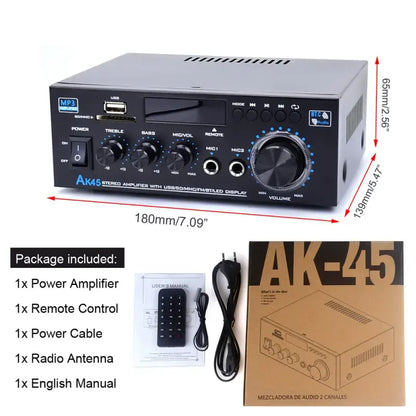 「GIFT」AK45 Bluetooth 5.0 Stereo Amplifier Hifi 2.0 Channel Power Amp with USB SD RCA Dual Microphone Support for Karaoke Home Theater Party Audio Streaming Karaoke Machine