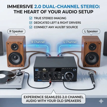 「GIFT」AK45 Bluetooth 5.0 Stereo Amplifier Hifi 2.0 Channel Power Amp with USB SD RCA Dual Microphone Support for Karaoke Home Theater Party Audio Streaming Karaoke Machine