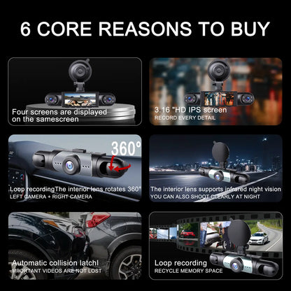 BCUOZ 4-Channel Dash Cam,(Not Wireless) 1080P Full HD Front+720P Rear Left Right Coverage, Requires Charging to Use,Super Night Vision, G-Sensor, with Free 64GB Memory Card, Car Dashboard Camera / Safe Driving Black Box,24H Parking Mode#Summervibes Outd