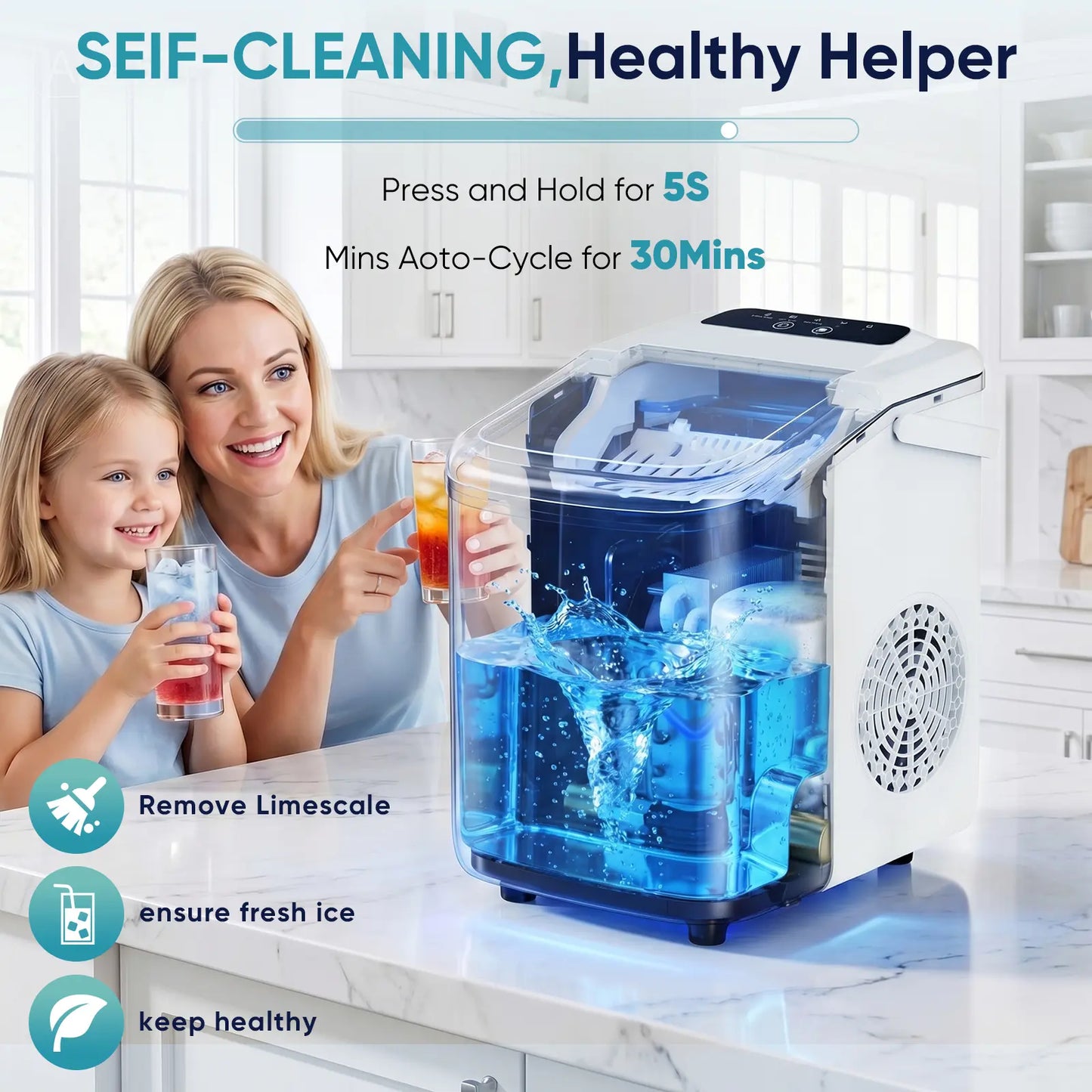 Ice Makers Countertop with Handle, Portable Ice Machine, 9 Bullet Ice Cubes in 6 Mins, 26Lbs in 24Hrs, Auto-Cleaning, with Basket and Scoop, for Home, Kitchen, RV, Camping