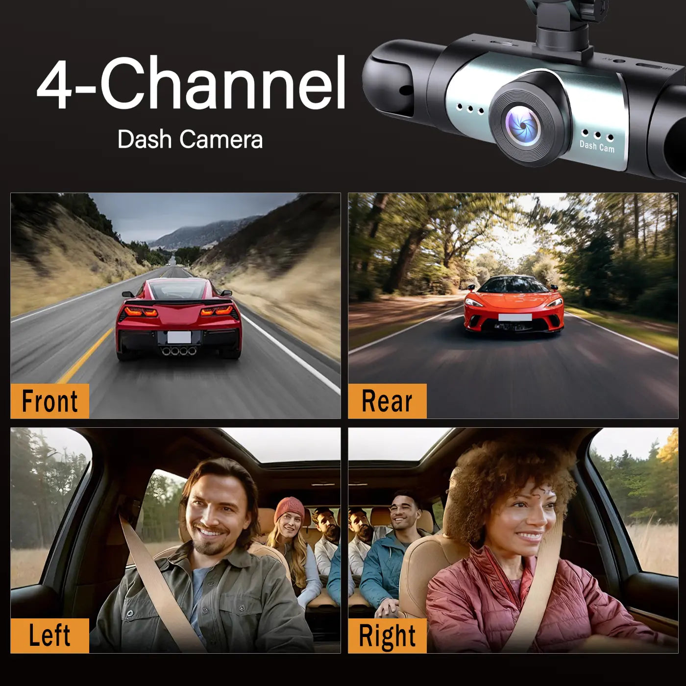 BCUOZ 4-Channel Dash Cam,(Not Wireless) 1080P Full HD Front+720P Rear Left Right Coverage, Requires Charging to Use,Super Night Vision, G-Sensor, with Free 64GB Memory Card, Car Dashboard Camera / Safe Driving Black Box,24H Parking Mode#Summervibes Outd