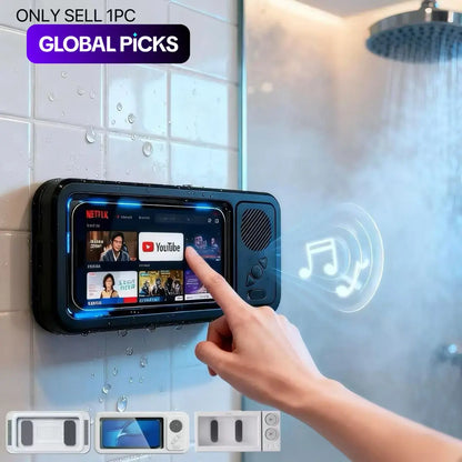 Waterproof Mobile Phone Holder with Bluetooth Speaker and 360° Rotating Touch Screen for Bathroom, Kitchen, and Pool Use