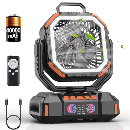 40000Mah Portable Camping Fan Battery Powered, Rechargeable Camping Fan with Remote & LED Light, 4 Speed Strong Airflow & Light for Desk/Outdoor/Tent/Camping/Fishing Usb