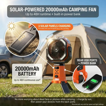Taztir Solar Camping Fan with Tripod, 20000Mah Rechargeable Fan with LED Lights & 270° Pivot,4 in 1 Cordless Camping Fan, Remote Control Shaking Head Desk Fan for Camping Tent Travel Bedroom Portable Motor