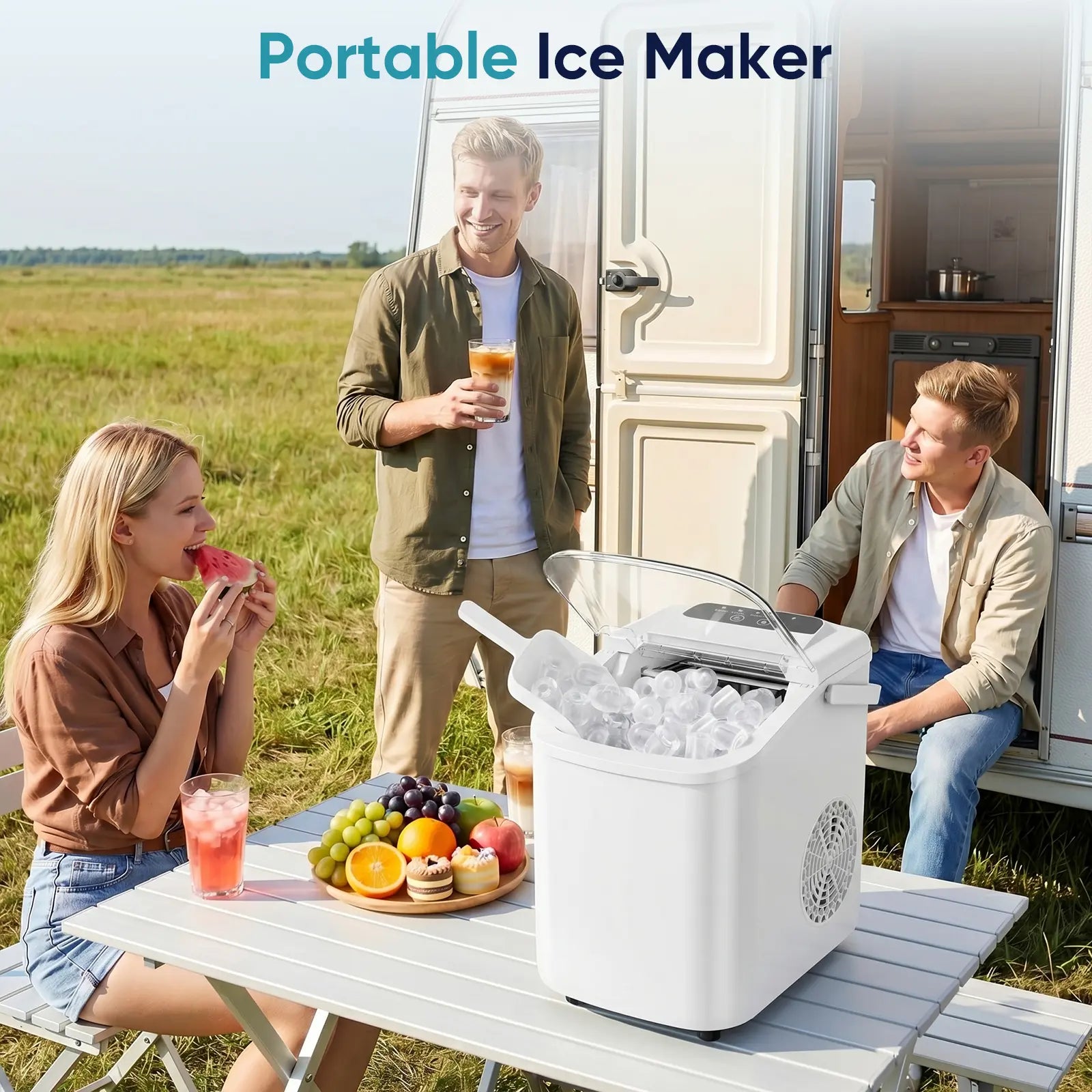 Ice Makers Countertop with Handle, Portable Ice Machine, 9 Bullet Ice Cubes in 6 Mins, 26Lbs in 24Hrs, Auto-Cleaning, with Basket and Scoop, for Home, Kitchen, RV, Camping