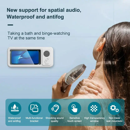 Waterproof Mobile Phone Holder with Bluetooth Speaker and 360° Rotating Touch Screen for Bathroom, Kitchen, and Pool Use