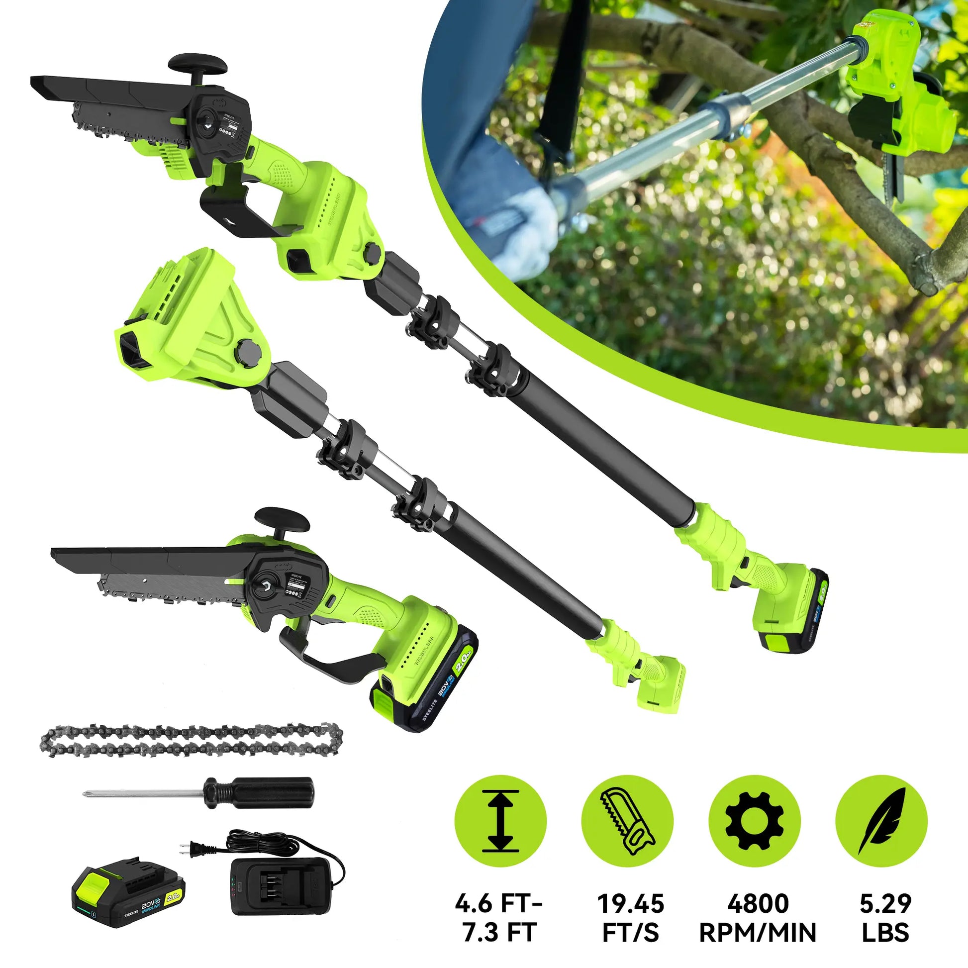 STEELITE 2-In-1 Electric Pole Saw & Chain Saw, Lightweight Cordless 6 Inch Brushless 21V with Battery & Extension Pole for Tree Trimming, Great Gift for Men Dad Husband