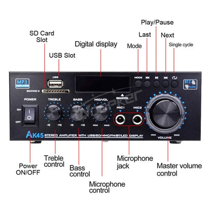 「GIFT」AK45 Bluetooth 5.0 Stereo Amplifier Hifi 2.0 Channel Power Amp with USB SD RCA Dual Microphone Support for Karaoke Home Theater Party Audio Streaming Karaoke Machine