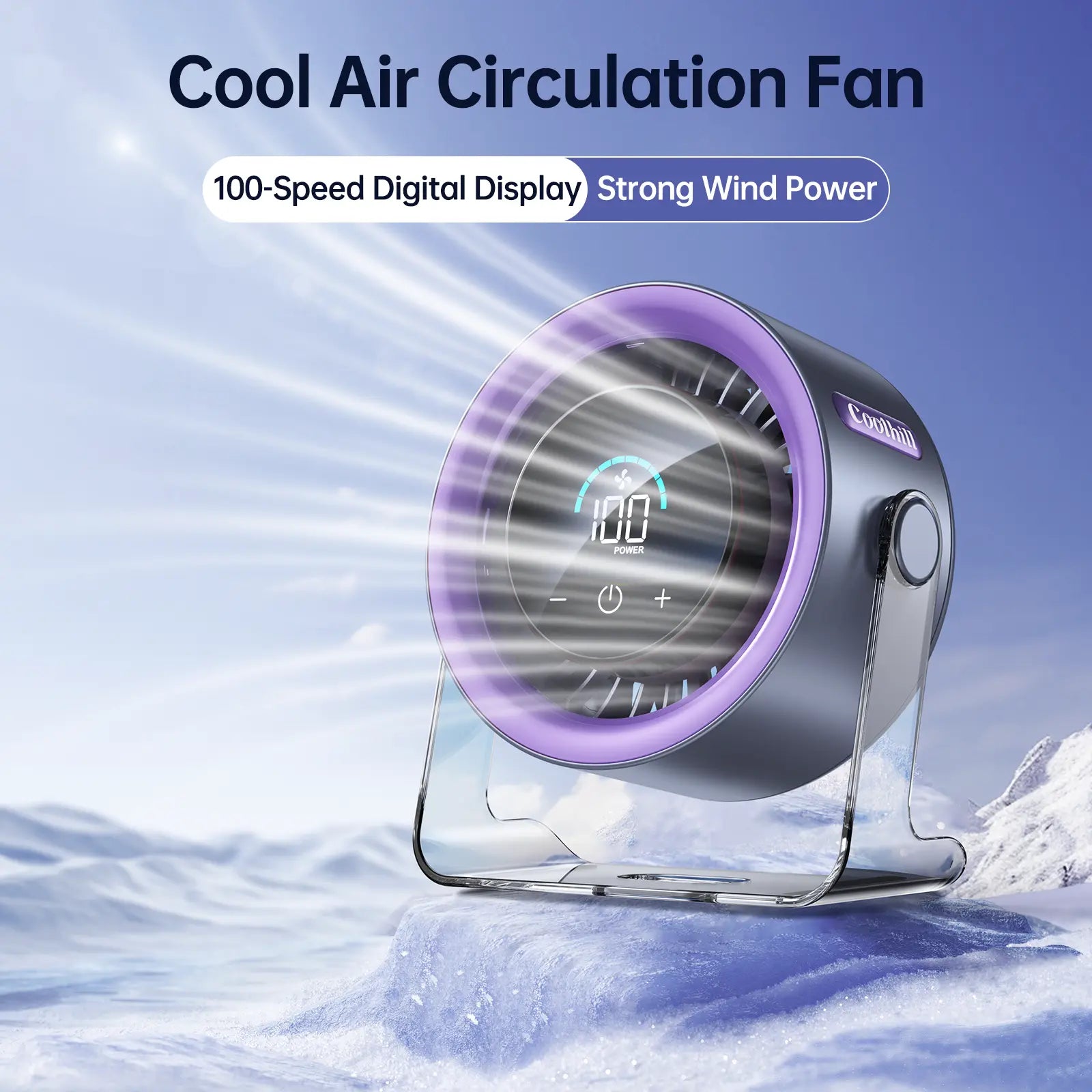 Coolhill Turbo Desktop Fan - Rechargeable, Low Noise, 100-Speed Digital Display with Dual Adjustment Modes for Office and Travel Use
