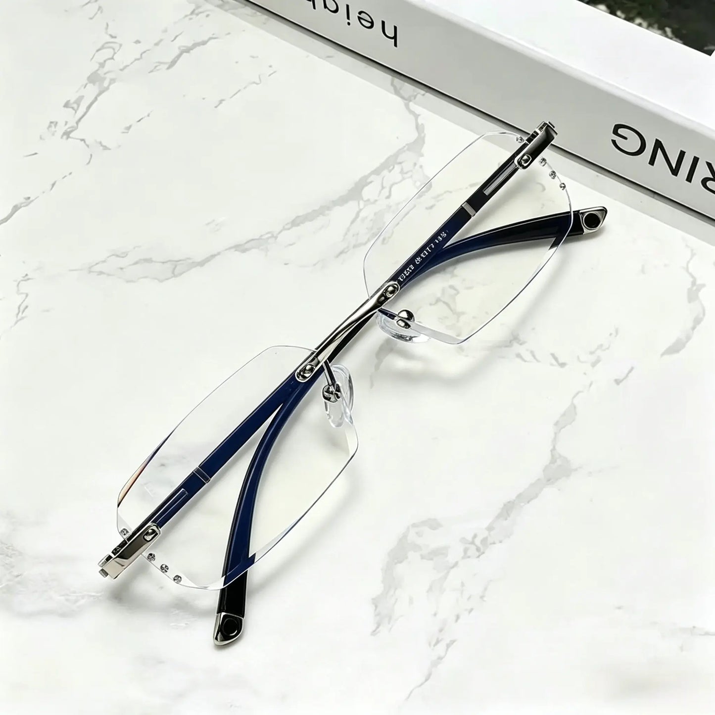 Diamond Edge Frameless Glasses - Blue Light Blocking Clear Reading Glasses for Men and Women, Lightweight Metal Temple Design, Perfect for Gaming, Office, and Casual Wear.