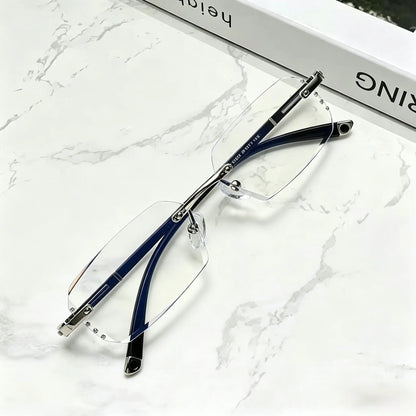 Diamond Edge Frameless Glasses - Blue Light Blocking Clear Reading Glasses for Men and Women, Lightweight Metal Temple Design, Perfect for Gaming, Office, and Casual Wear.