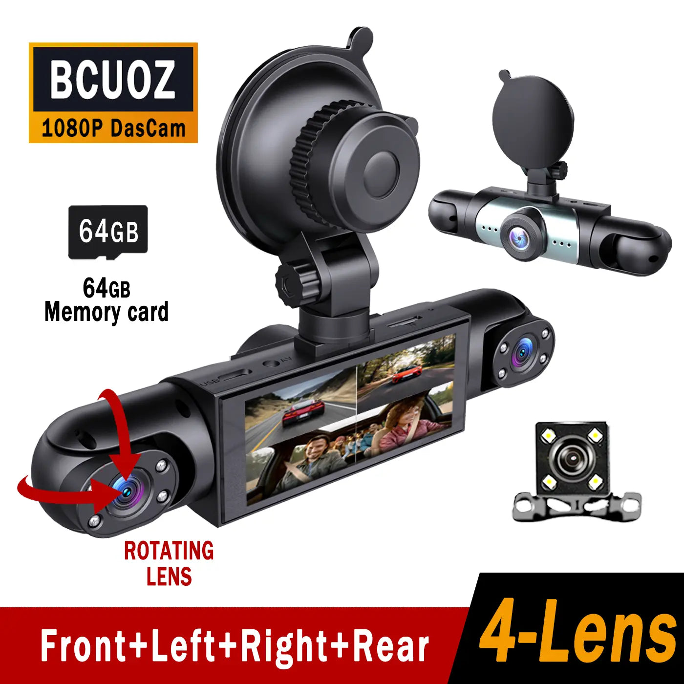 BCUOZ 4-Channel Dash Cam,(Not Wireless) 1080P Full HD Front+720P Rear Left Right Coverage, Requires Charging to Use,Super Night Vision, G-Sensor, with Free 64GB Memory Card, Car Dashboard Camera / Safe Driving Black Box,24H Parking Mode#Summervibes Outd