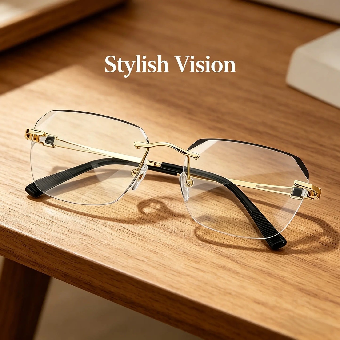 Diamond Edge Frameless Glasses - Blue Light Blocking Clear Reading Glasses for Men and Women, Lightweight Metal Temple Design, Perfect for Gaming, Office, and Casual Wear.