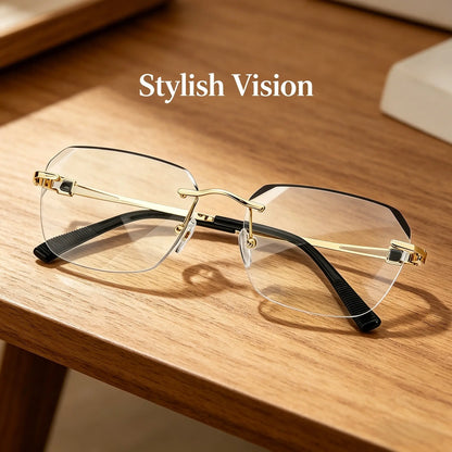 Diamond Edge Frameless Glasses - Blue Light Blocking Clear Reading Glasses for Men and Women, Lightweight Metal Temple Design, Perfect for Gaming, Office, and Casual Wear.