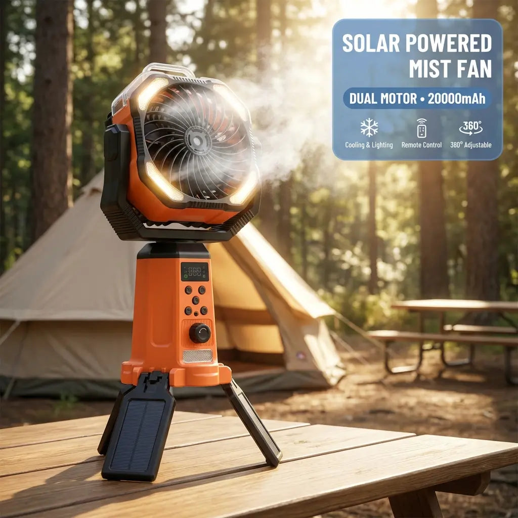 Taztir Solar Camping Fan with Tripod, 20000Mah Rechargeable Fan with LED Lights & 270° Pivot,4 in 1 Cordless Camping Fan, Remote Control Shaking Head Desk Fan for Camping Tent Travel Bedroom Portable Motor