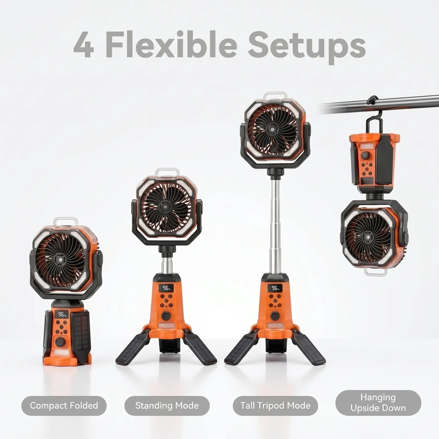 Taztir Solar Camping Fan with Tripod, 20000Mah Rechargeable Fan with LED Lights & 270° Pivot,4 in 1 Cordless Camping Fan, Remote Control Shaking Head Desk Fan for Camping Tent Travel Bedroom Portable Motor