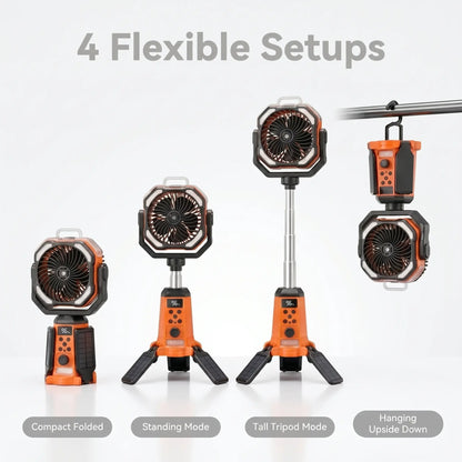 Taztir Solar Camping Fan with Tripod, 20000Mah Rechargeable Fan with LED Lights & 270° Pivot,4 in 1 Cordless Camping Fan, Remote Control Shaking Head Desk Fan for Camping Tent Travel Bedroom Portable Motor