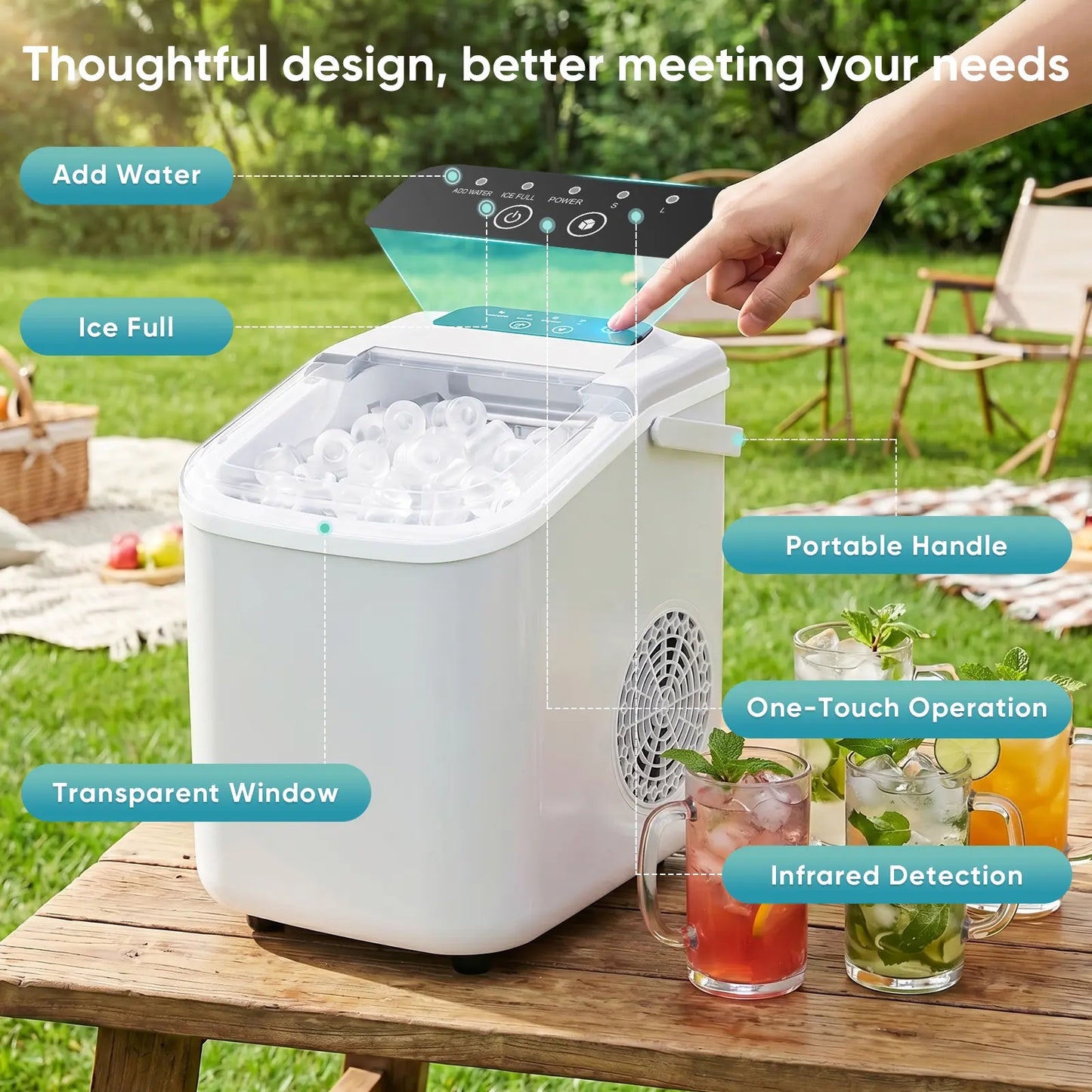 Ice Makers Countertop with Handle, Portable Ice Machine, 9 Bullet Ice Cubes in 6 Mins, 26Lbs in 24Hrs, Auto-Cleaning, with Basket and Scoop, for Home, Kitchen, RV, Camping