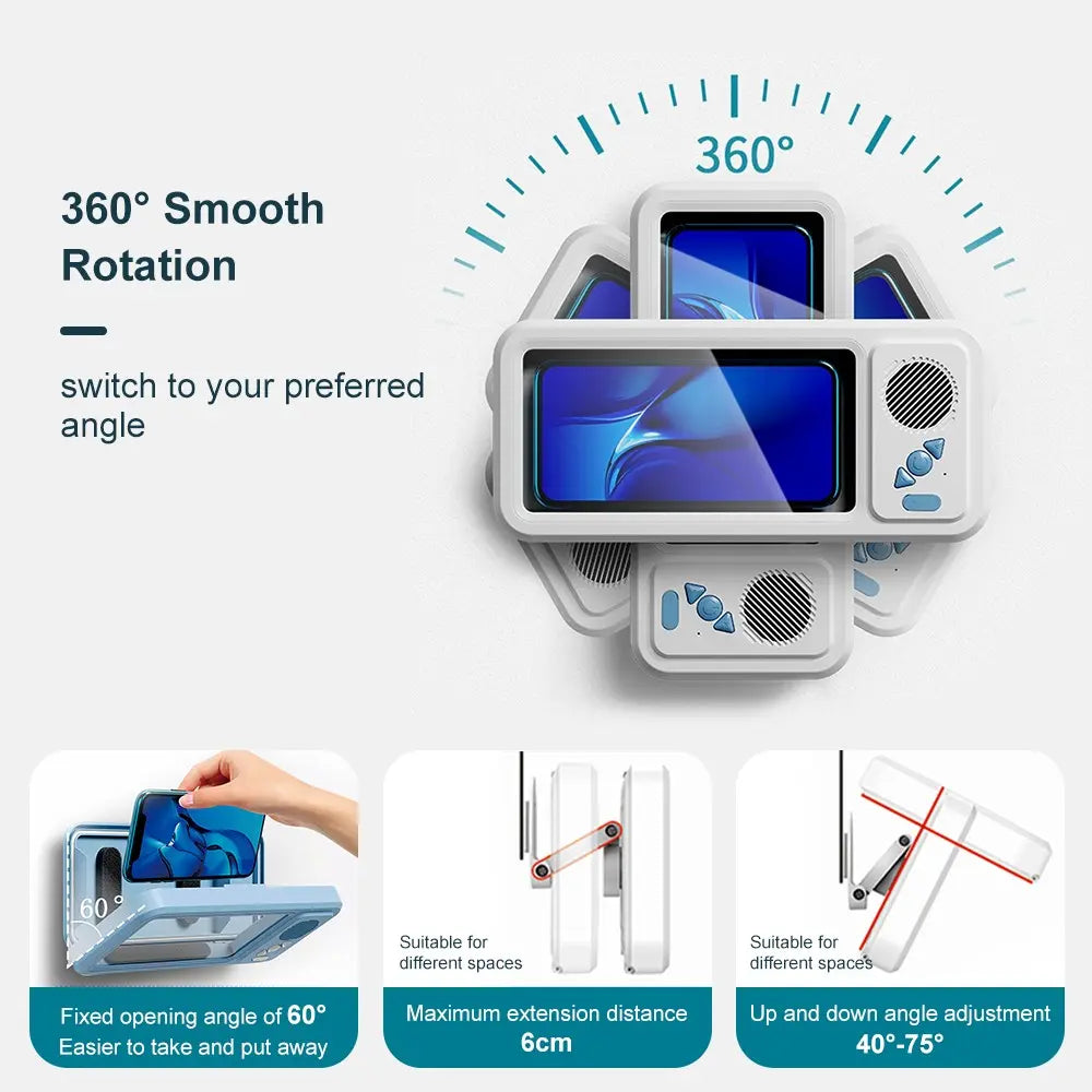 Waterproof Mobile Phone Holder with Bluetooth Speaker and 360° Rotating Touch Screen for Bathroom, Kitchen, and Pool Use
