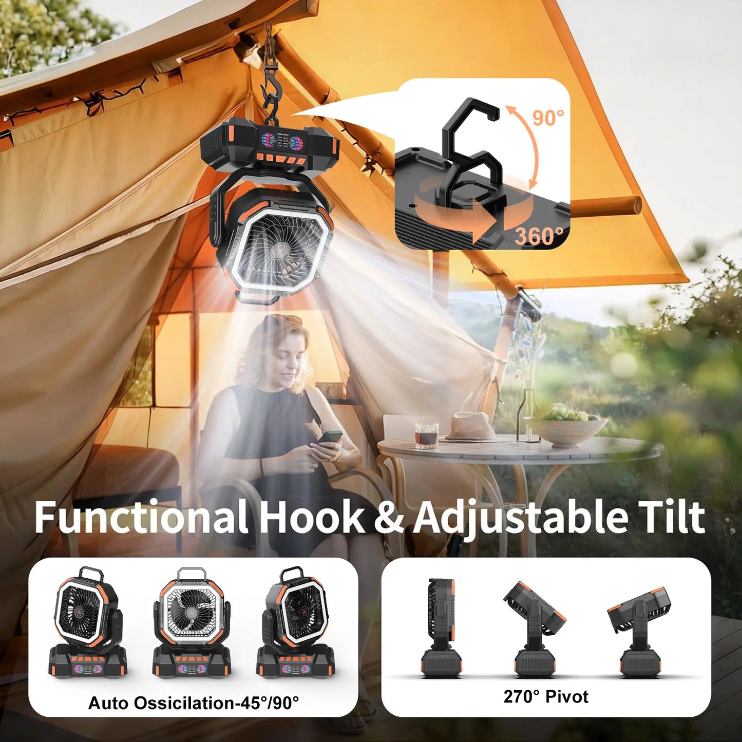 40000Mah Portable Camping Fan Battery Powered, Rechargeable Camping Fan with Remote & LED Light, 4 Speed Strong Airflow & Light for Desk/Outdoor/Tent/Camping/Fishing Usb