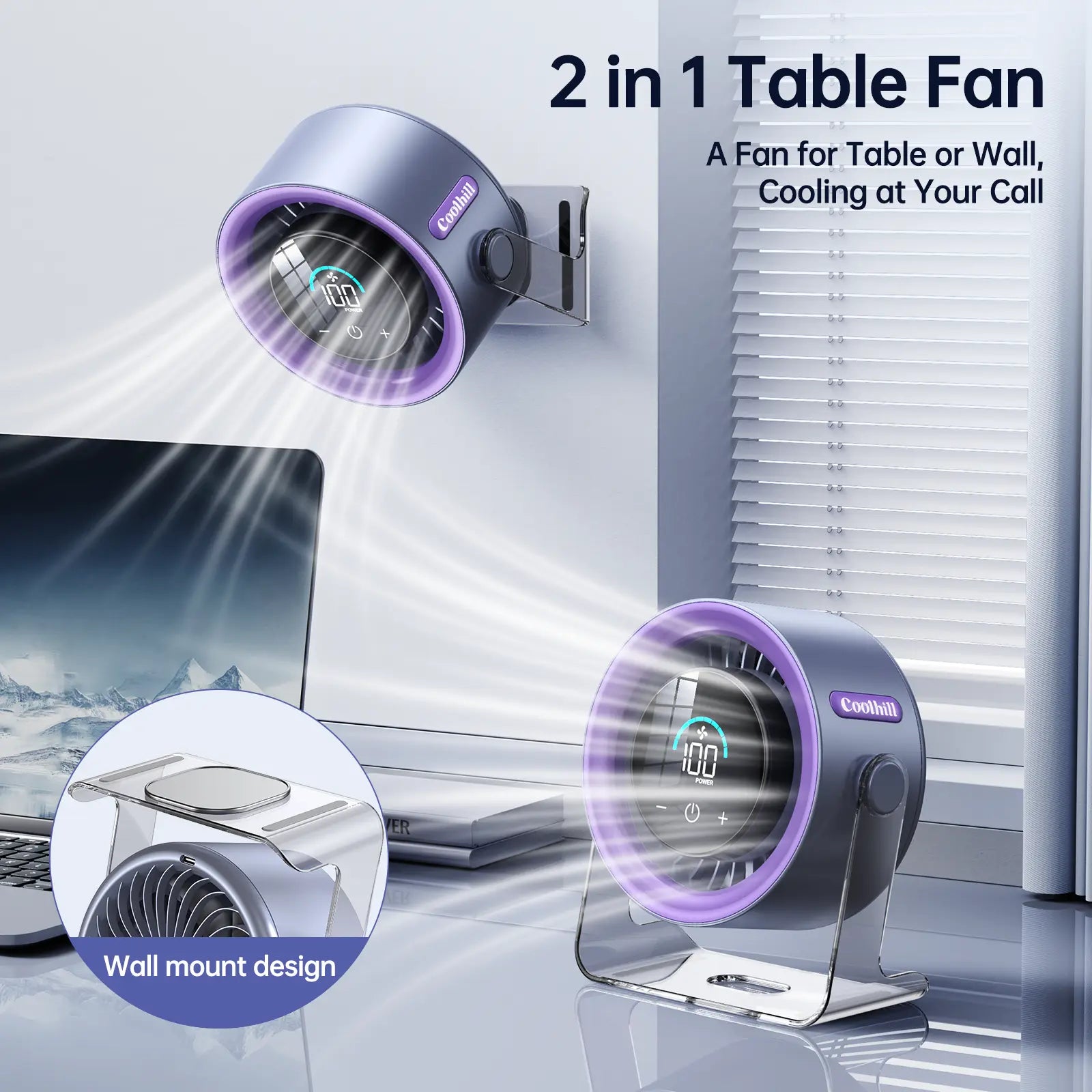 Coolhill Turbo Desktop Fan - Rechargeable, Low Noise, 100-Speed Digital Display with Dual Adjustment Modes for Office and Travel Use