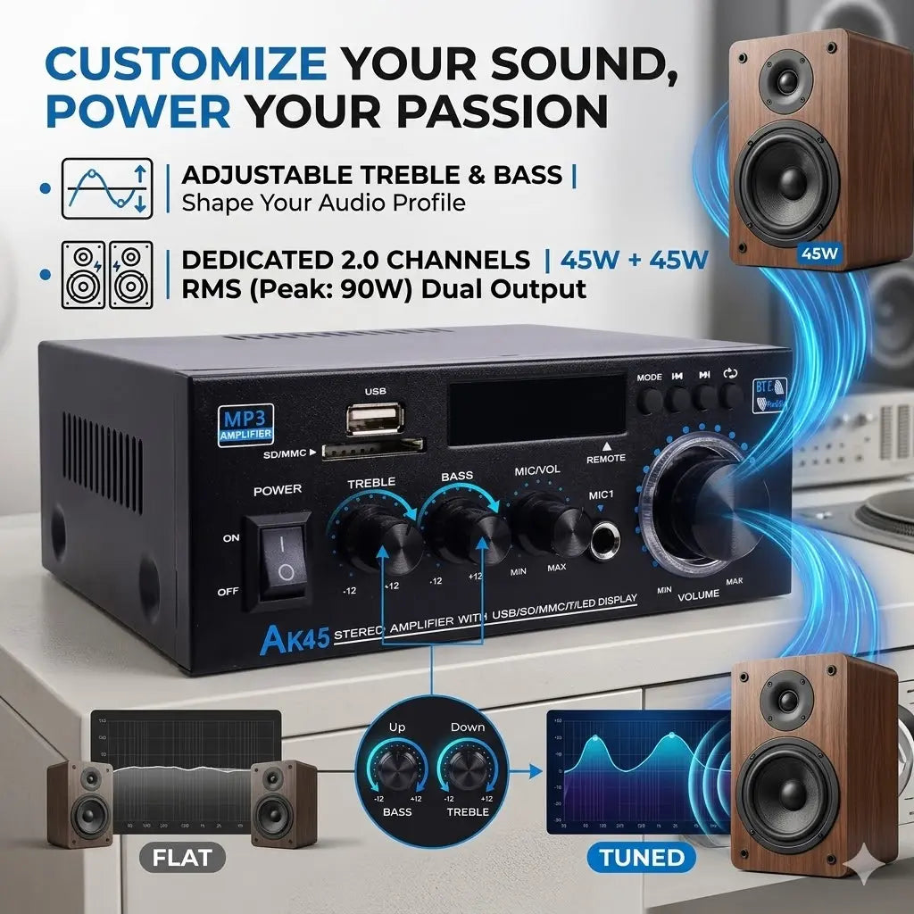 「GIFT」AK45 Bluetooth 5.0 Stereo Amplifier Hifi 2.0 Channel Power Amp with USB SD RCA Dual Microphone Support for Karaoke Home Theater Party Audio Streaming Karaoke Machine