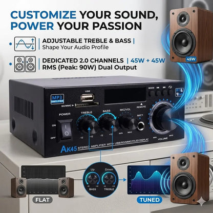 「GIFT」AK45 Bluetooth 5.0 Stereo Amplifier Hifi 2.0 Channel Power Amp with USB SD RCA Dual Microphone Support for Karaoke Home Theater Party Audio Streaming Karaoke Machine