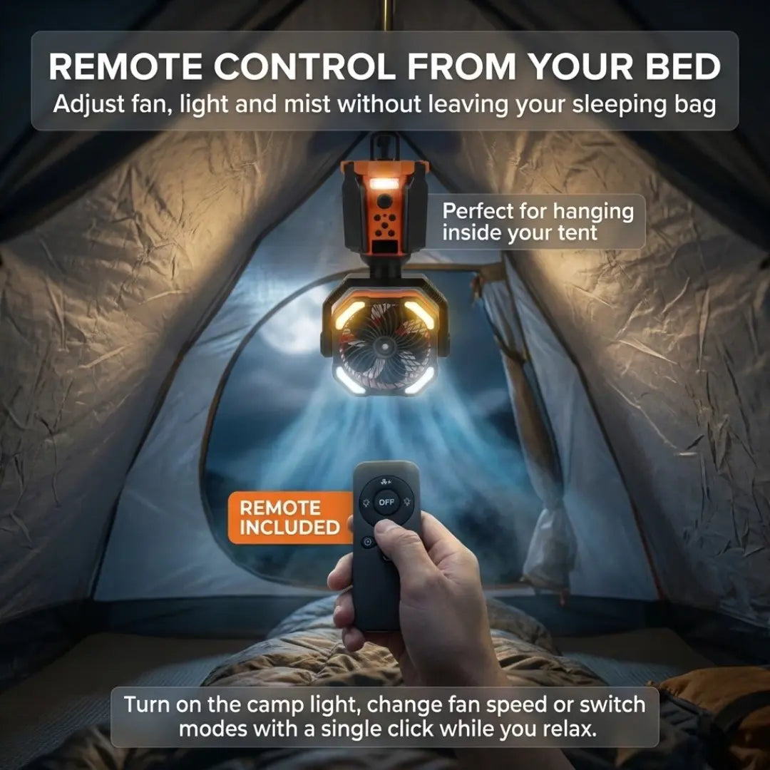 Taztir Solar Camping Fan with Tripod, 20000Mah Rechargeable Fan with LED Lights & 270° Pivot,4 in 1 Cordless Camping Fan, Remote Control Shaking Head Desk Fan for Camping Tent Travel Bedroom Portable Motor