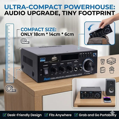 「GIFT」AK45 Bluetooth 5.0 Stereo Amplifier Hifi 2.0 Channel Power Amp with USB SD RCA Dual Microphone Support for Karaoke Home Theater Party Audio Streaming Karaoke Machine