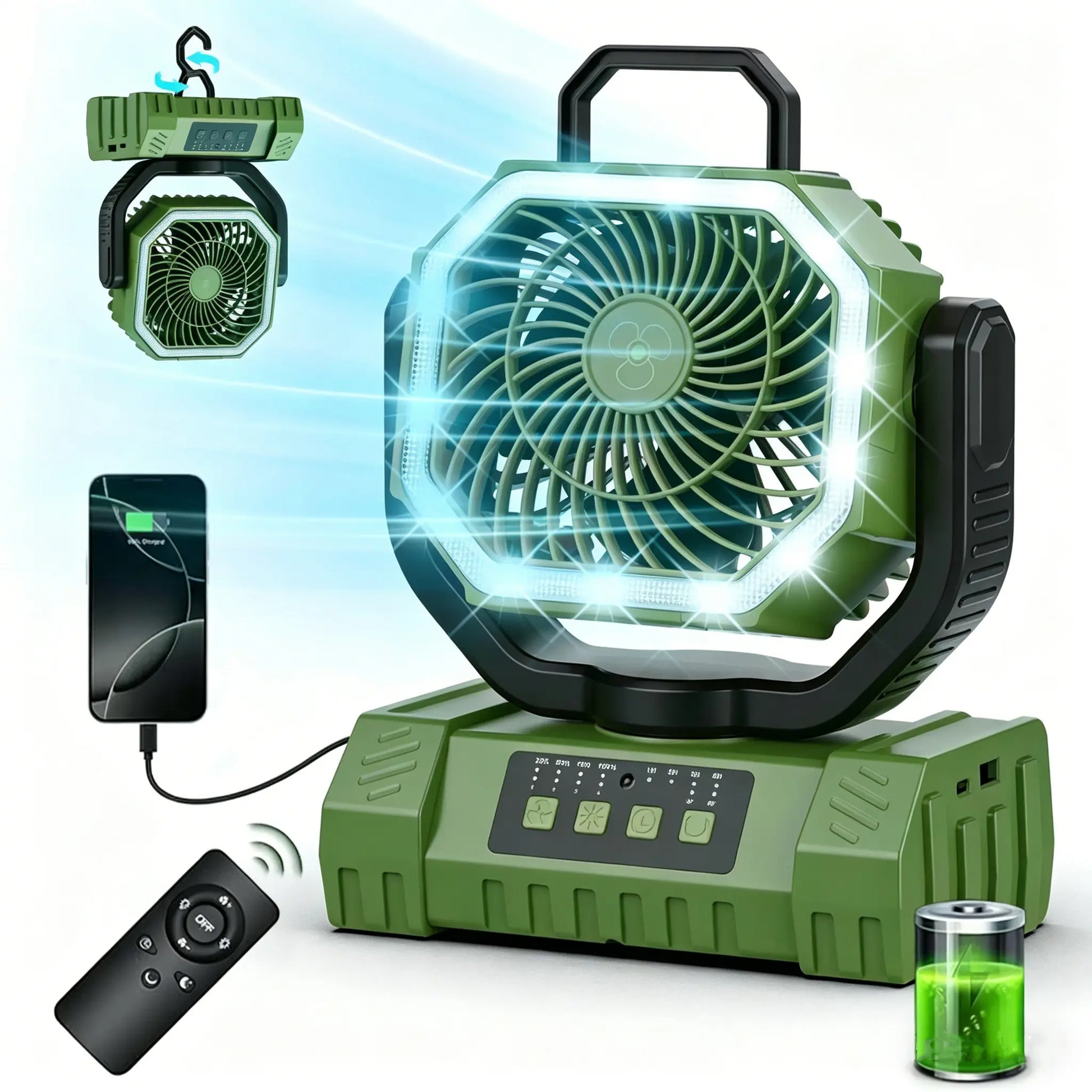 40000Mah Portable Camping Fan Battery Powered, Rechargeable Camping Fan with Remote & LED Light, 4 Speed Strong Airflow & Light for Desk/Outdoor/Tent/Camping/Fishing Usb