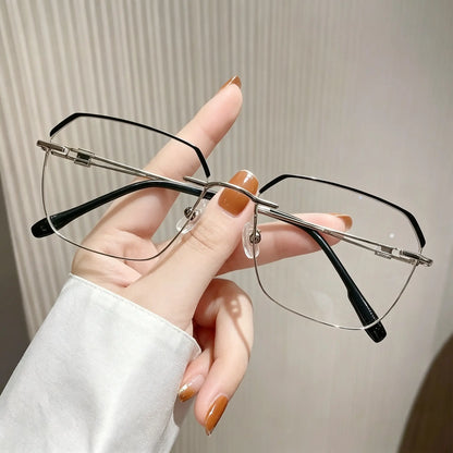Diamond Edge Frameless Glasses - Blue Light Blocking Clear Reading Glasses for Men and Women, Lightweight Metal Temple Design, Perfect for Gaming, Office, and Casual Wear.