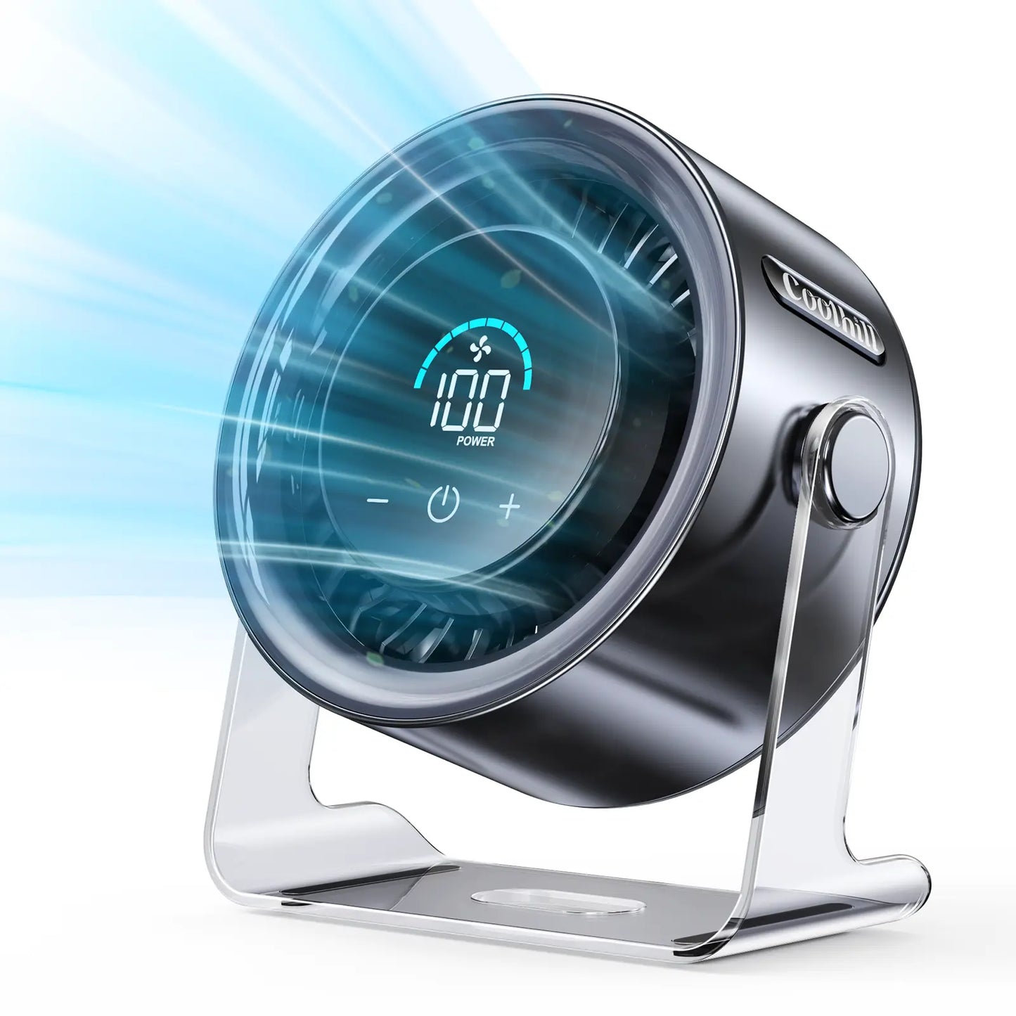 Coolhill Turbo Desktop Fan - Rechargeable, Low Noise, 100-Speed Digital Display with Dual Adjustment Modes for Office and Travel Use