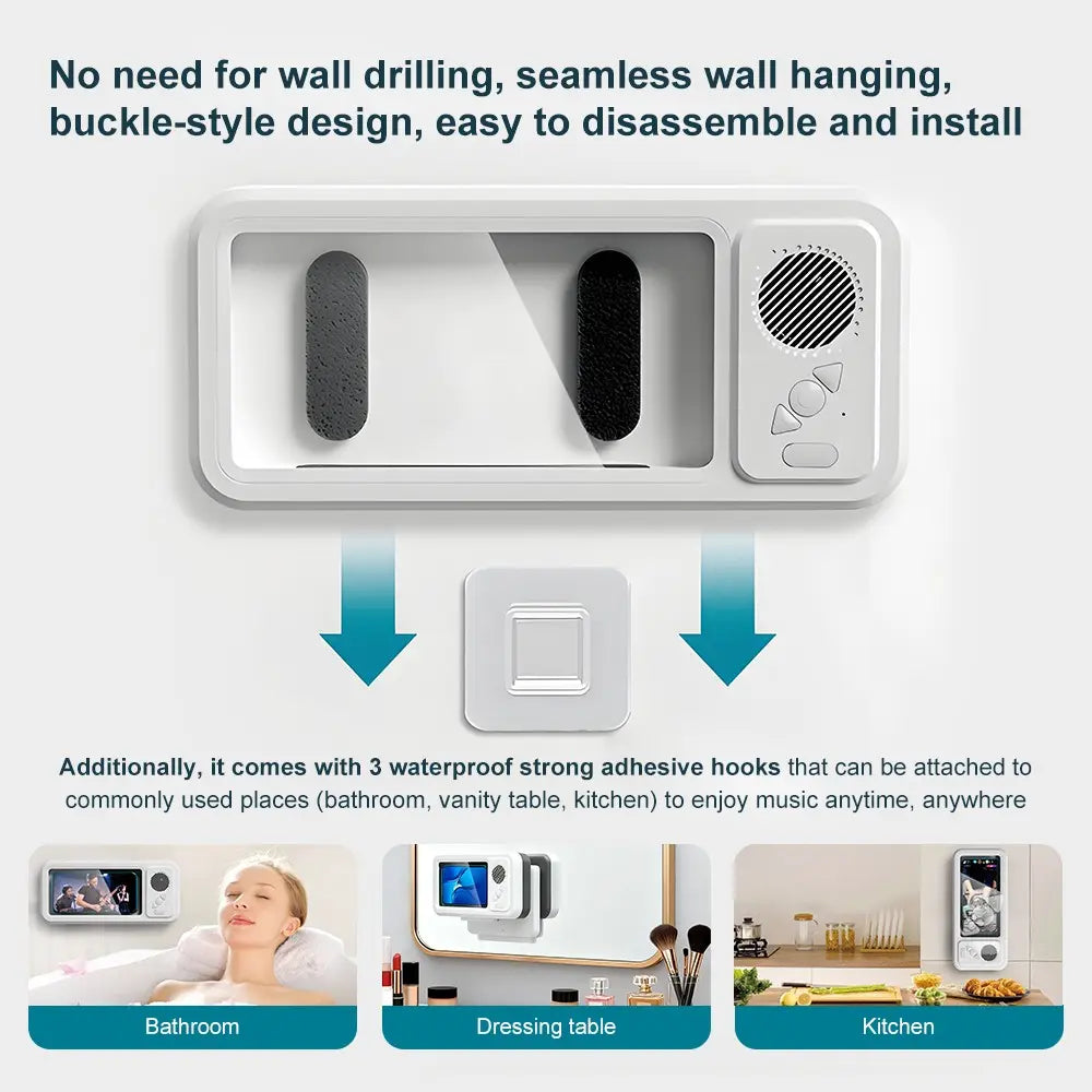 Waterproof Mobile Phone Holder with Bluetooth Speaker and 360° Rotating Touch Screen for Bathroom, Kitchen, and Pool Use