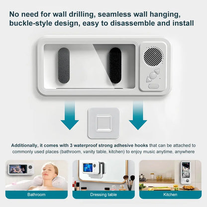 Waterproof Mobile Phone Holder with Bluetooth Speaker and 360° Rotating Touch Screen for Bathroom, Kitchen, and Pool Use