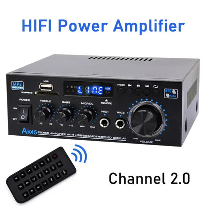 「GIFT」AK45 Bluetooth 5.0 Stereo Amplifier Hifi 2.0 Channel Power Amp with USB SD RCA Dual Microphone Support for Karaoke Home Theater Party Audio Streaming Karaoke Machine