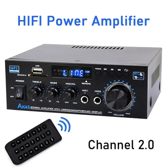 「GIFT」AK45 Bluetooth 5.0 Stereo Amplifier Hifi 2.0 Channel Power Amp with USB SD RCA Dual Microphone Support for Karaoke Home Theater Party Audio Streaming Karaoke Machine