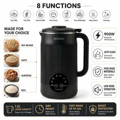 8-In-1 Plant Milk Maker, 40Oz Large Capacity Nut Milk Maker for Homemade Soy Milk, Oat Milk, Almond Milk, Smoothies, Baby Food, Keep Warm and Self-Cleaning, Bpa-Free for Everyday Family Kitchen Use