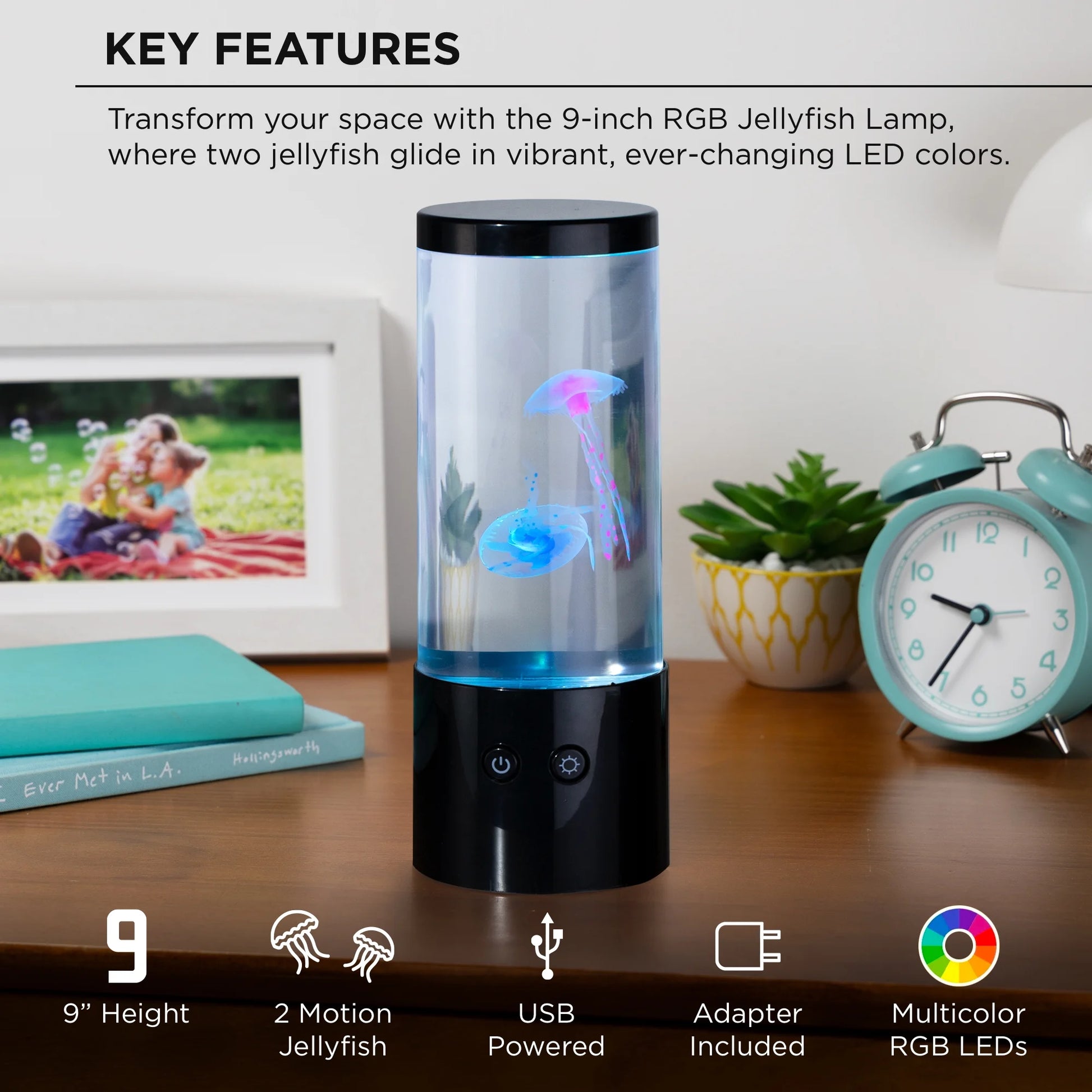 Jellyfish Motion Night Light Lamp with Multicolor LEDs - USB Powered, 9-Inch with Easy Mode Switching